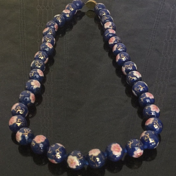 Vtg22”Round13mmBlueSolidHandPaint W/Flower&GldJap - Picture 6 of 7